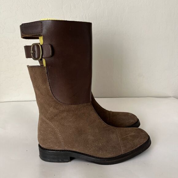 Pedro Garcia Leather Suede Pull Buckle Open Back Riding Boots Tan Brown EU38 - Picture 2 of 8